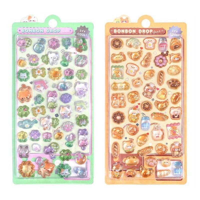 6 Sheets Funny Bear Dinosaur Rabbit 3D Relief Stickers Scrapbooking Diy Diary Decor Journaling Stationery Kawaii Donut Decals