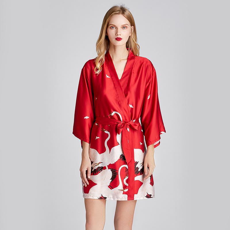 Women Robe Kimono Bathrobe Navy Blue Print Nightgown Sleepwear Silky Soft Satin Nightwear Sexy Short Nightdress Casual Homewear
