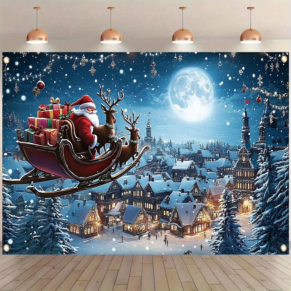 Bannière plate 2D 1 pièce Thème de Noël Ciel nocturne bleu Motif Père Noël Décoration murale pour la fête d'hiver du Nouvel An