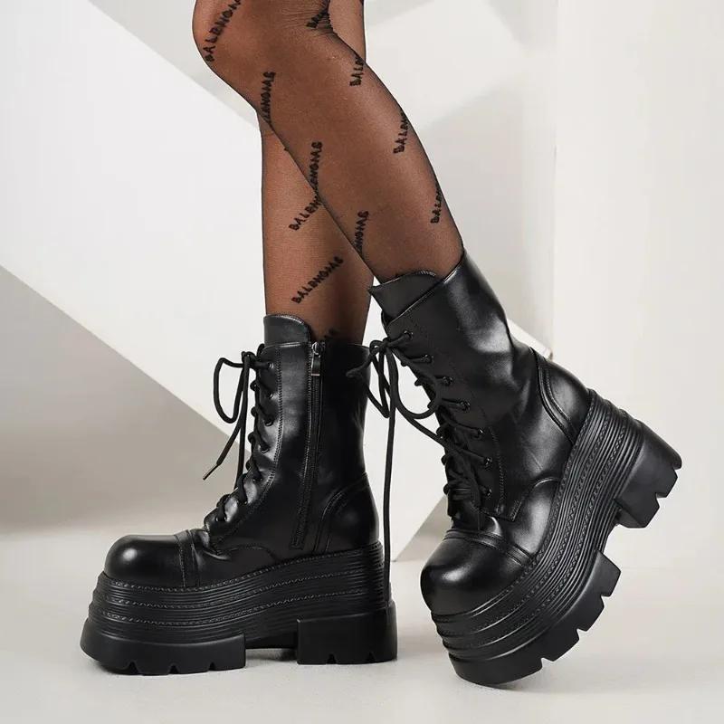 Women's Boots Punk Style Gothic Boots Fashion Mid-calf Leather Boots Women's Motorcycle Boot Height Increasing Platform Booties