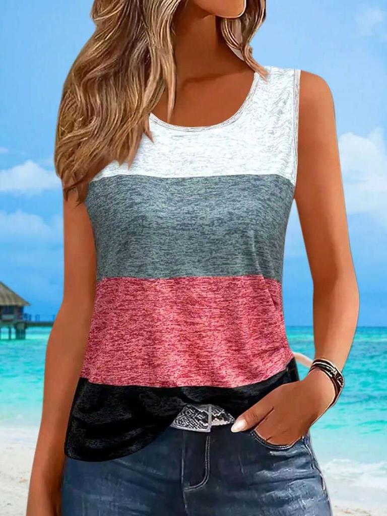 Casual Color Matching Crew Neck Sleeveless Vest Women's Summer Loose Contrasting Striped Top Outside and Inside Bottoming Shirt