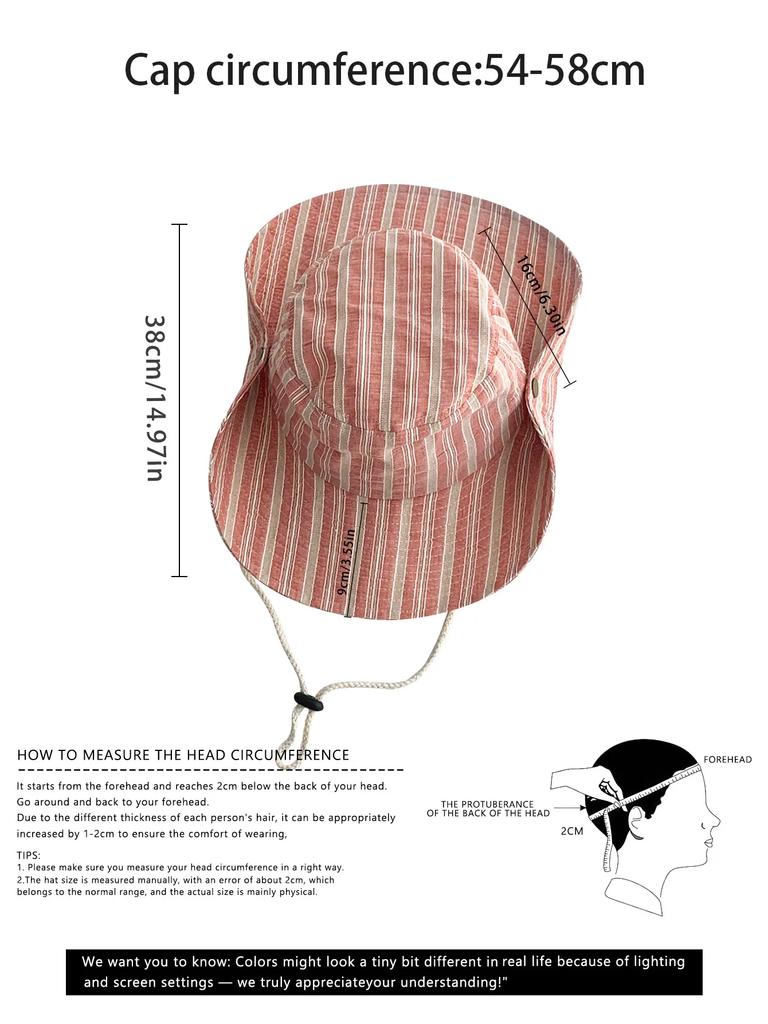 Stripesd Fisherman Hat Women's Summer New Large Brim Lanyard Sun Hat Outdoor Camping Style Hiking Mountaineering Hat Bucket Hat