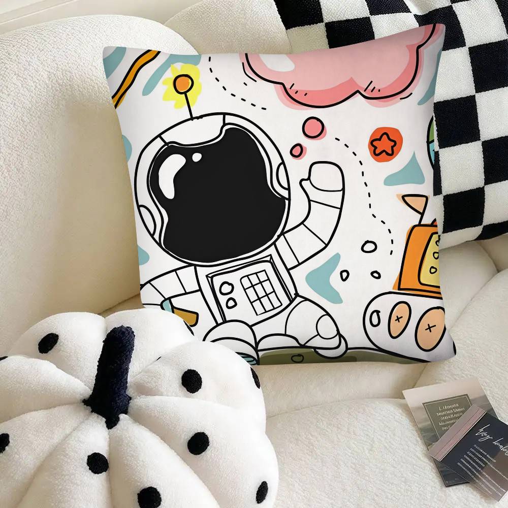 Cartoon Astronaut Rocket Spaceship Pillow Case Fashion Square Pillowcase Bedroom Sofa Room Ins Decoration Leisure