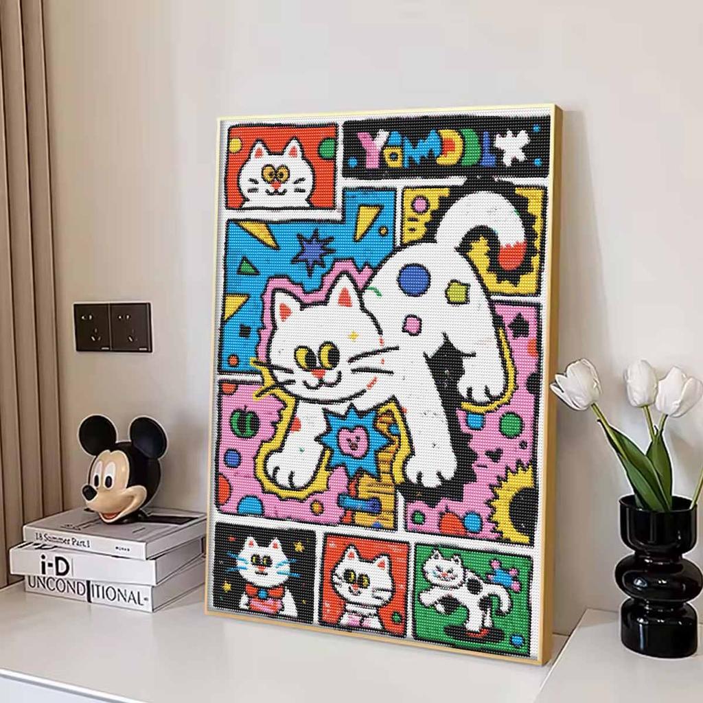DIY 5D Diamond Art Kit Pop Art Comic Style Cat Pattern Rhinestone Canvas Painting for Modern Bedroom Living Room Wall Decor Full Drill Set
