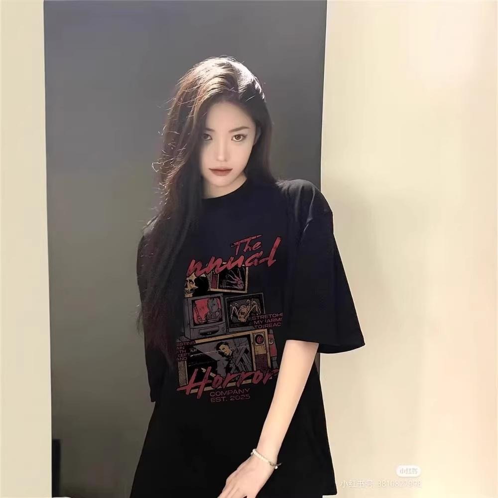 American high street black large size short-sleeved t-shirt women's fat mm summer loose lazy wind half-sleeved couple top