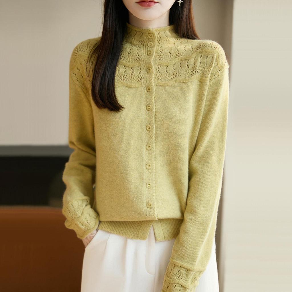 Pink Hollow Out Half-High Neck Cardigan Sweater - Women's Loose Fit Autumn/Winter Fashionable Outerwear