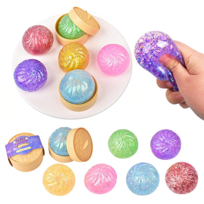 Steamer Bun Sensory Stress Ball Squeeze Toy Glitter Colored Squishy Dumpling Decompression Ball Fidget Toy for Anxiety Relief