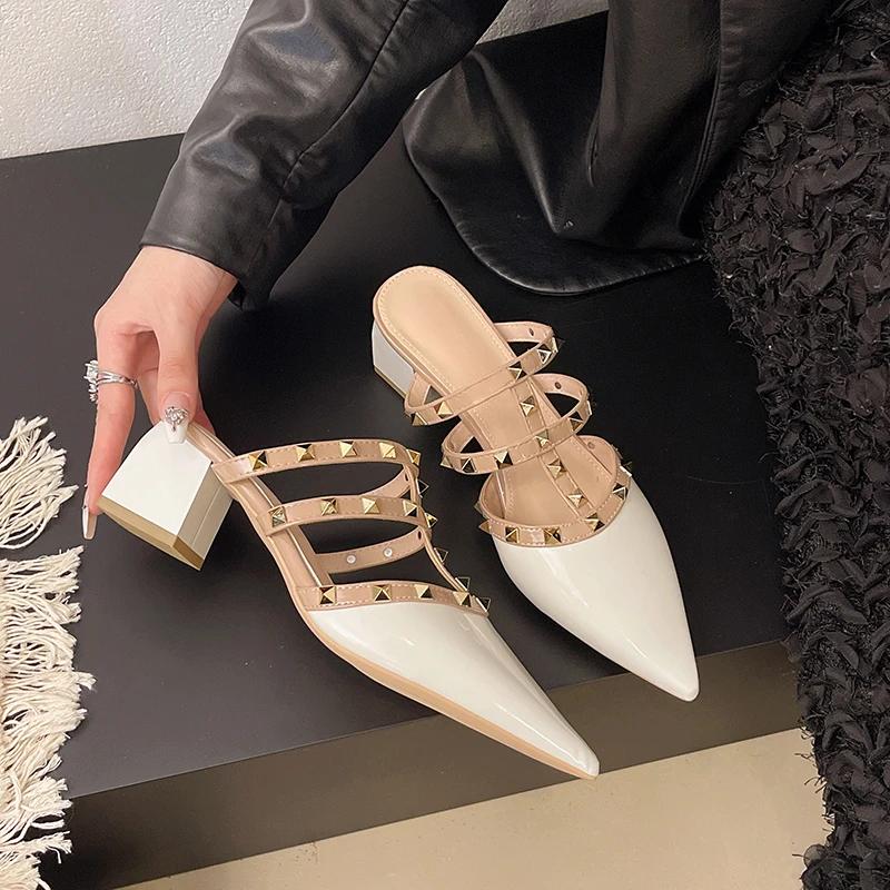 Fashion 2025 Summer New Internet Celebrity Rivet Pointed Toe Sandals Women's Baotou Outside Wear One-word Belt Mopping