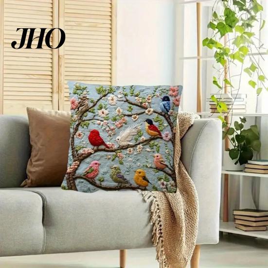 Chair Pillowcase Embroidered Throw Pillow Cover Flower Tree Bird Cushion Decorative Durable Sofa with Zipper for Living Room Couch Bed Embroidery