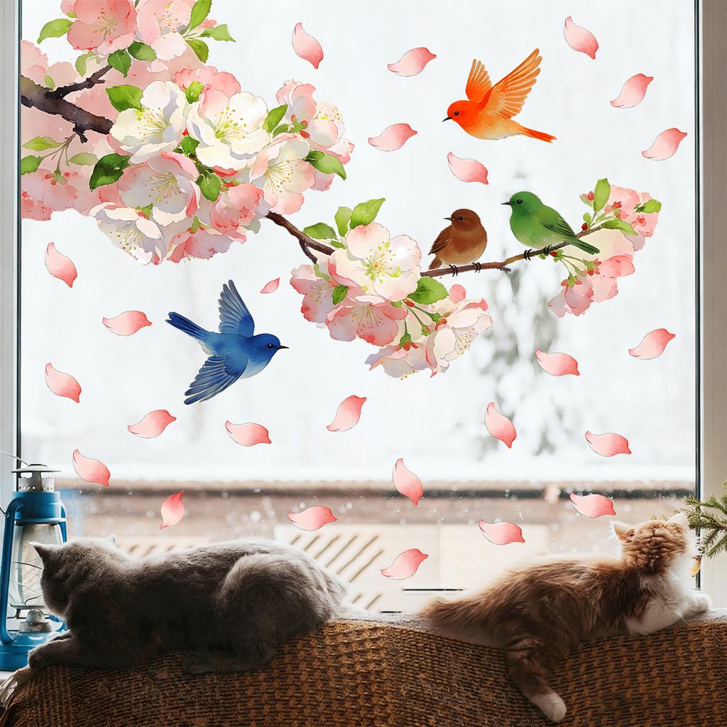 Floral Branch with Bird Static Cling Window Stickers No Glue Removable Reusable for Bedroom Living Room Study Home Decor