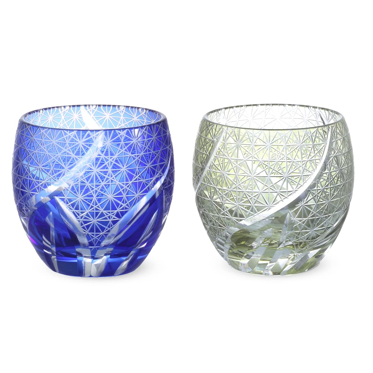 

Nostalgia Cut Glass Pair Sake Cups 100cc Random Carving Pattern Blue Green Bishou Current Model J-kitchens Egg-Shaped 5.5×5.9cm &