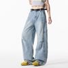 American retro pleated washed jeans men's and women's deconstruction wide-leg scimitar pants loose straight men's casual pants tide