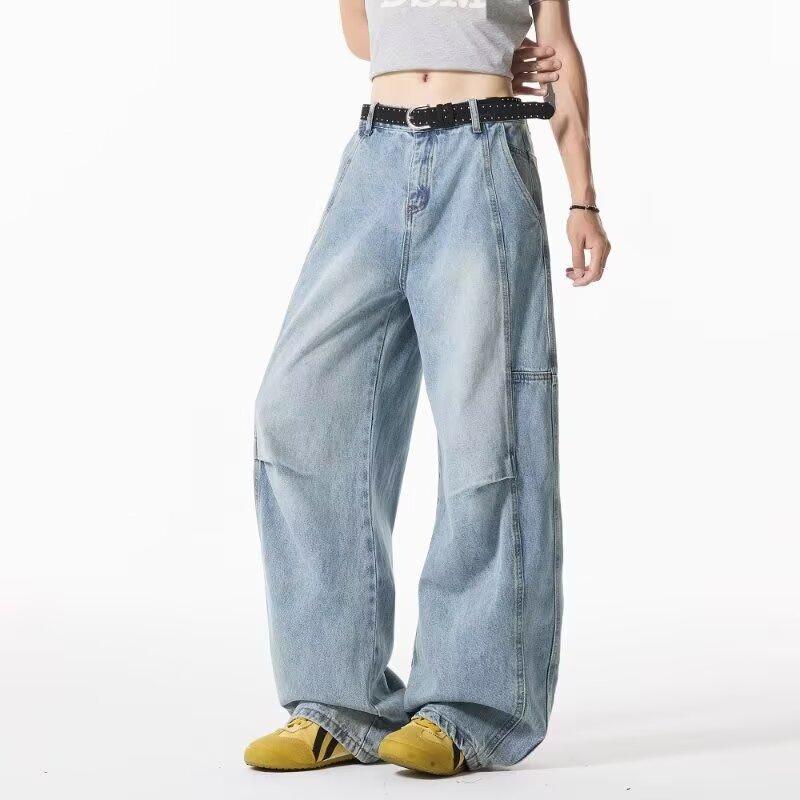 American retro pleated washed jeans men's and women's deconstruction wide-leg scimitar pants loose straight men's casual pants tide