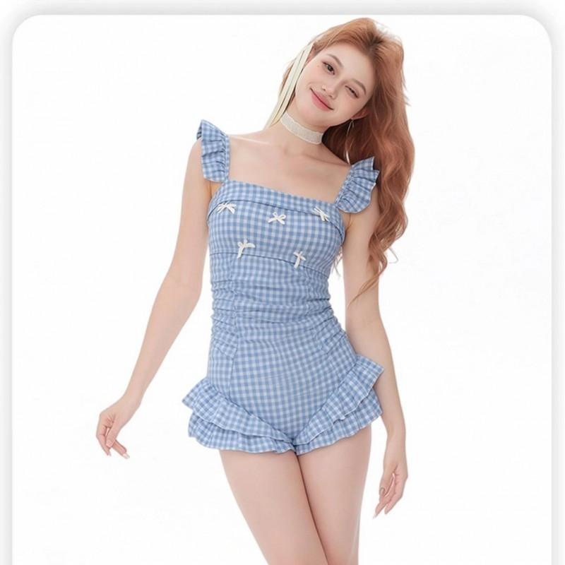 Sweet Blue Plaid One-Piece Swimsuit Women With Ruffle Trim Padded Bust High Elasticity Quick Dry