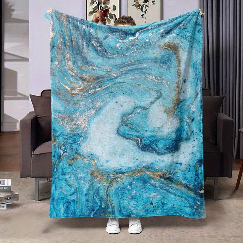 Marbled Blue Gold Luxury Blanket Reversible Flannel Throw for Elegant Decor AllSeason Comfort Opulent Style Gift 75x90cm