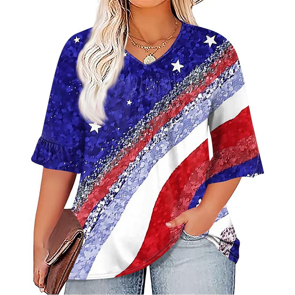 Women's Fashion Casual Independence Day Printed V-Neck Seven Sleeve Ruffle Sleeve T-Shirt Top