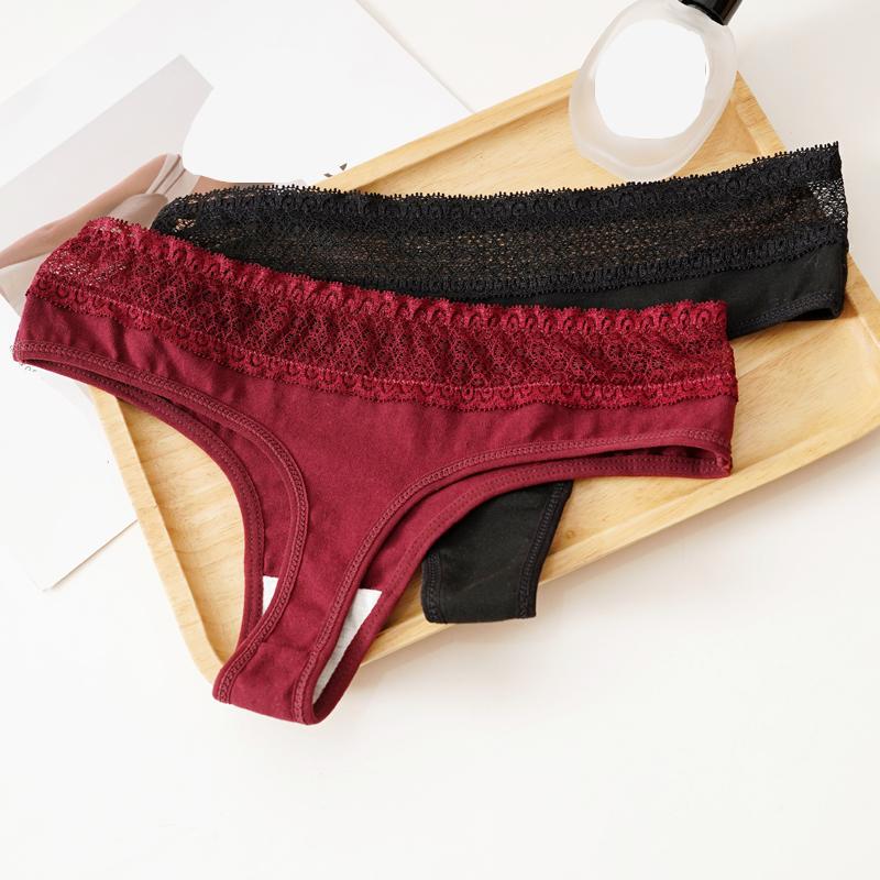 CINOON Tanga de Algodón Sexy para Mujer de Cintura Baja con Ribete de Encaje, Tipo G, Braguitas Suaves, Transpirables y de Ajuste Ceñido