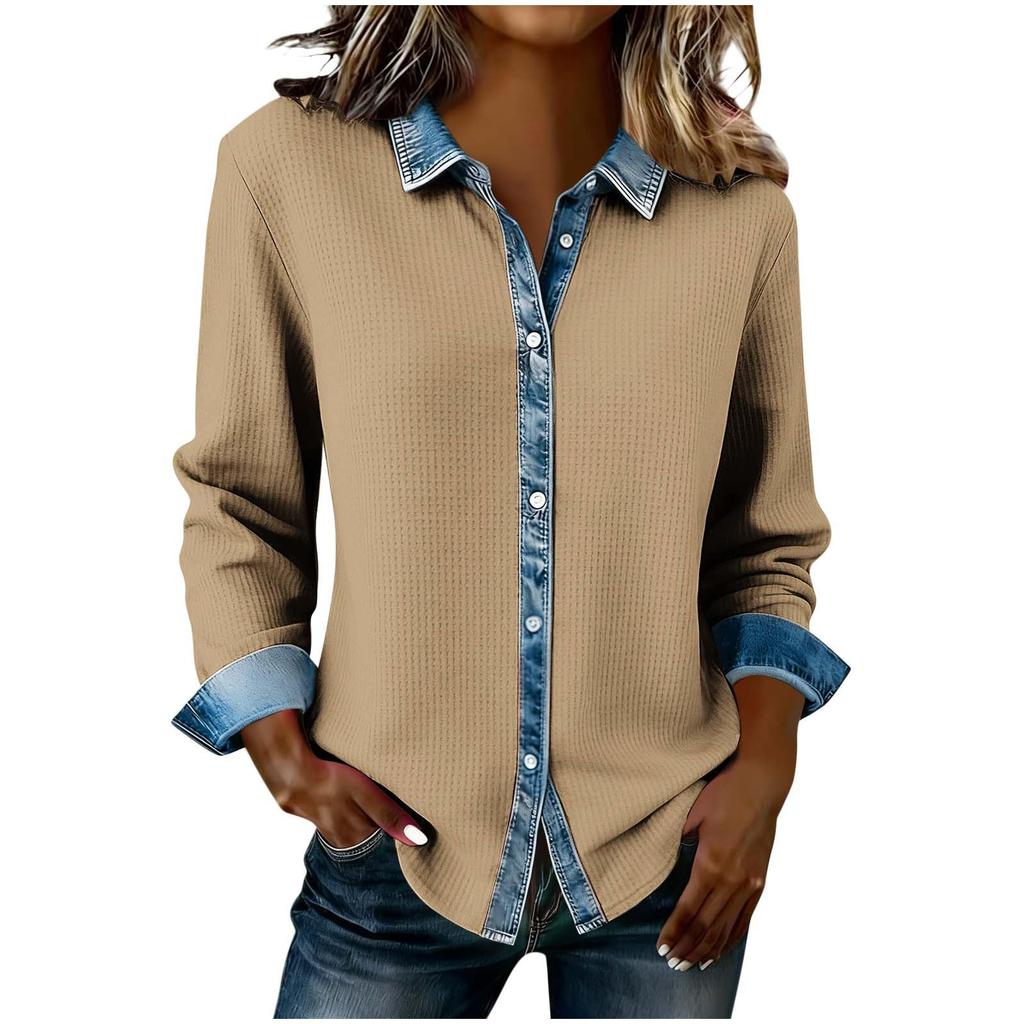 Womens Fashion Lapel Long Sleeved Denim Patchwork Button Up Shirt Loose Top