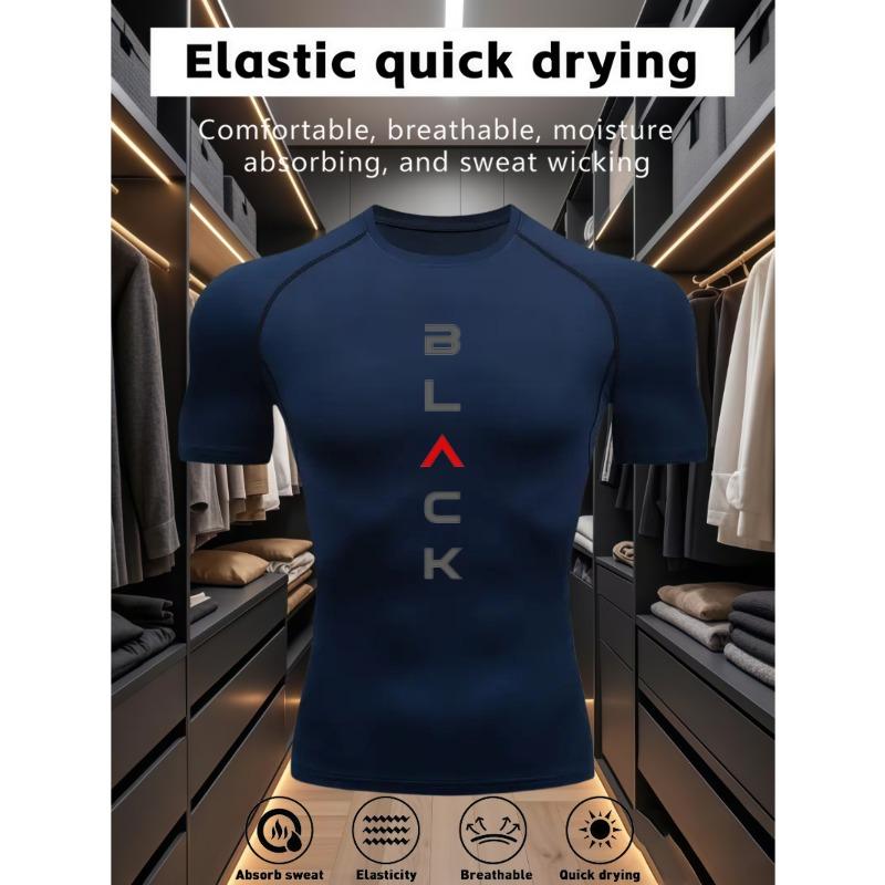 Mens White Compression Short Sleeve T-Shirt Vertical Black And Red Letter Graphic Quick Dry Elastic Breathable Gym Workout And Running Athletic Top