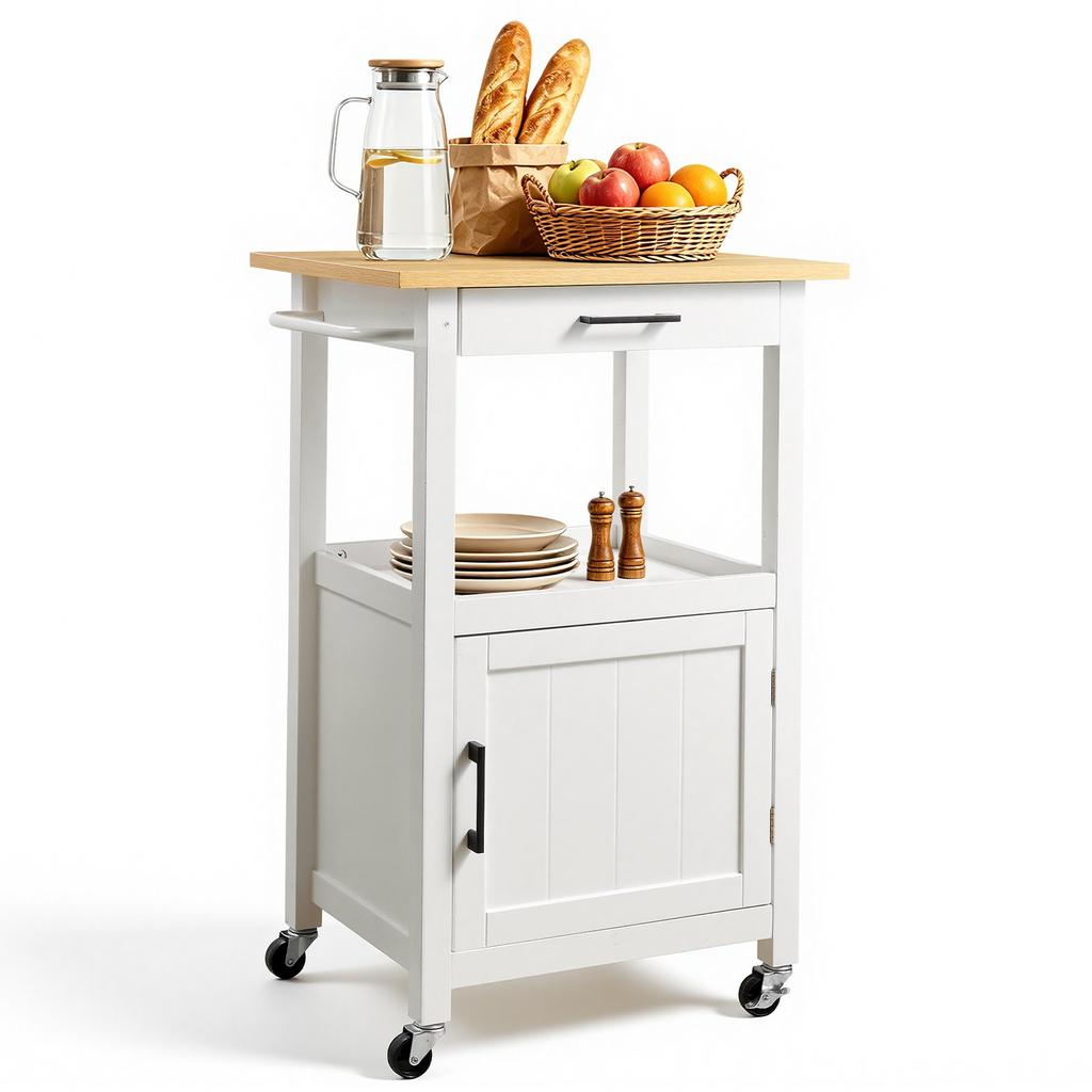 VEVOR Kitchen Island Cart with Single Door Cabinet, Mobile Carts with Drawer, Towel Rack, Hooks, Portable Table on Swivel Wheels