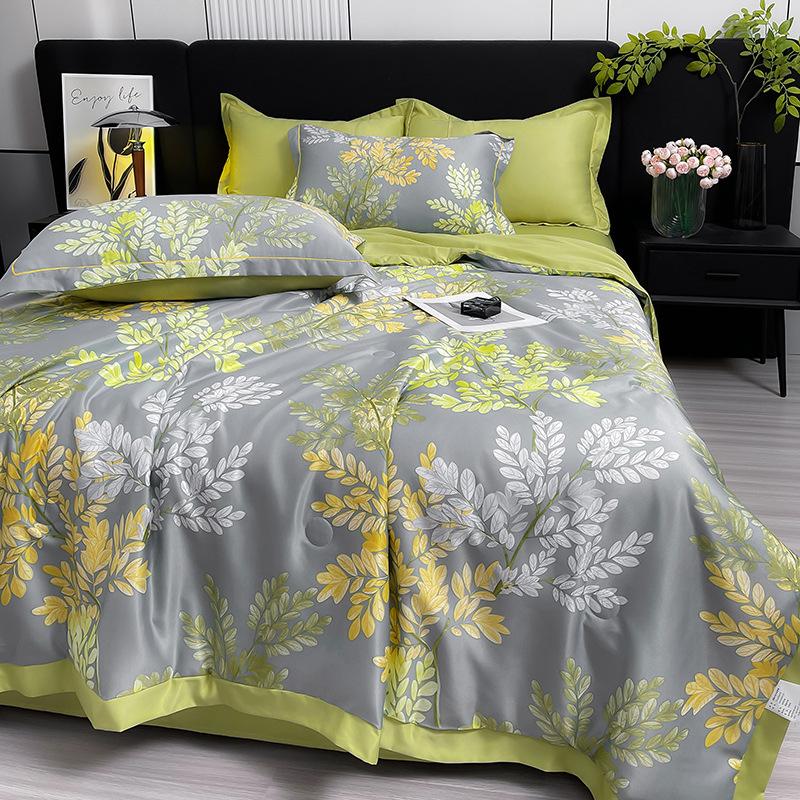 Summer Cool Tencel Quilt Set 4 Piece Includes Summer Blanket Bed Sheet Two Pillowcases Silk Lightweight Quilt For Double Twin Size