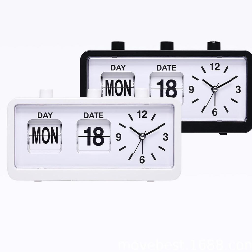Classical Retro Mechanical Alarm Clock with Manual Flipped Calendar Date Day Time Display for Living Room or Office