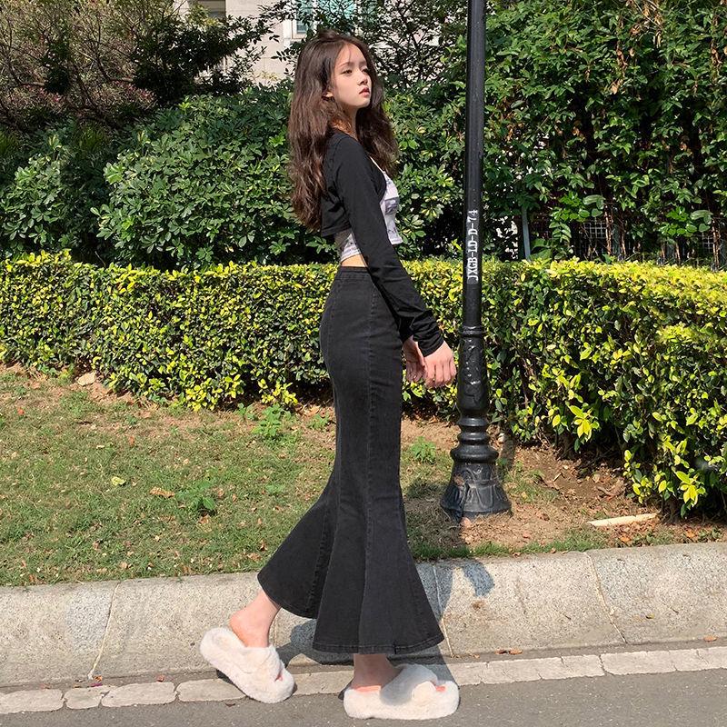 High-Waisted Ruffled Denim Fishtail Skirt for Women - Mid-Length, Elastic, Perfect for Autumn/Winter 2022