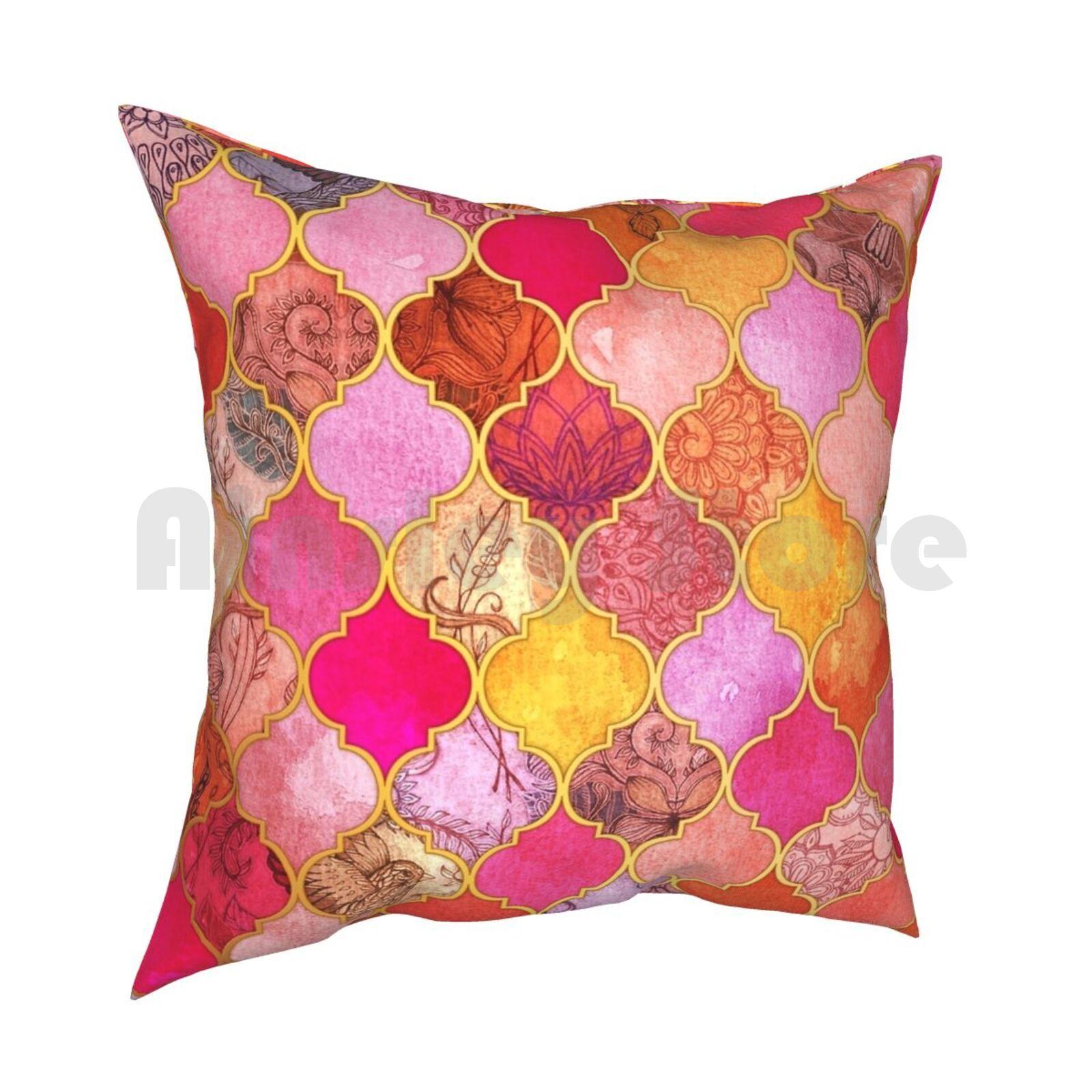 Hot Pink Gold Tangerine Taupe Decorative Moroccan Tile Pattern Pillow Case Printed Home Soft Throw Pillow Moroccan 30x30cm 12x12in