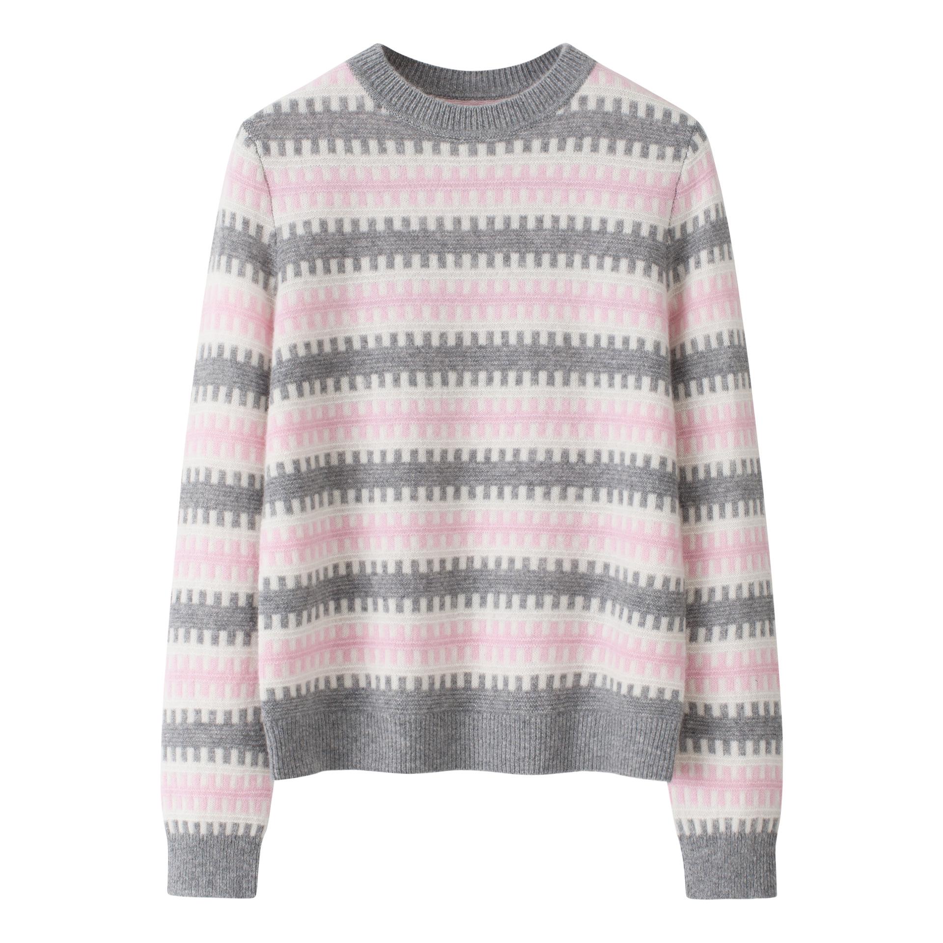 

Женский приталенный кашемировый свитер с жаккардовым узором и круглым вырезом L серый