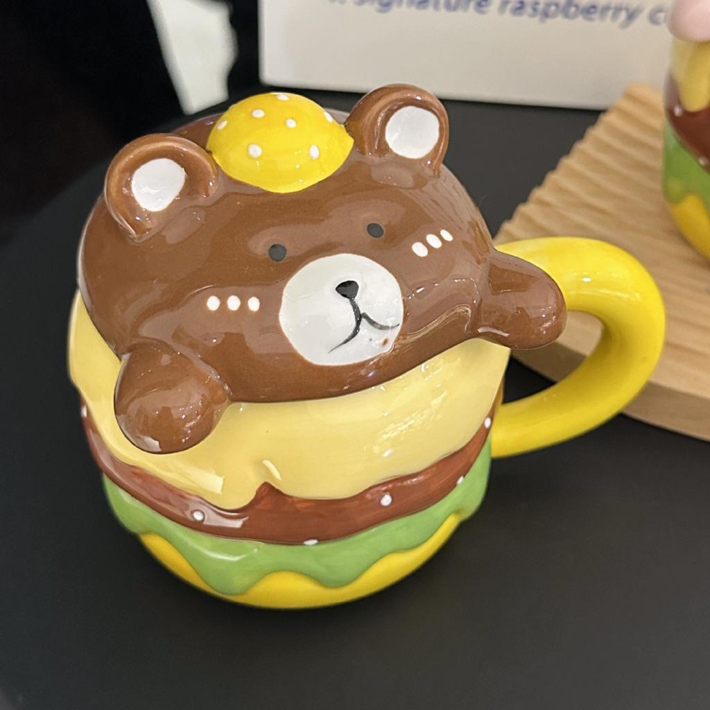 Creative Design Ceramic Burger Mug with Lid Cute Cartoon Animal Shape Household Drinking Cup Souvenir