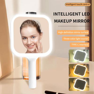 Portable Handheld Makeup Mirror 3 Color Light Led Makeup Mirror Touching Mirror Square Makeup Vanity Mirrors With Handle Hand