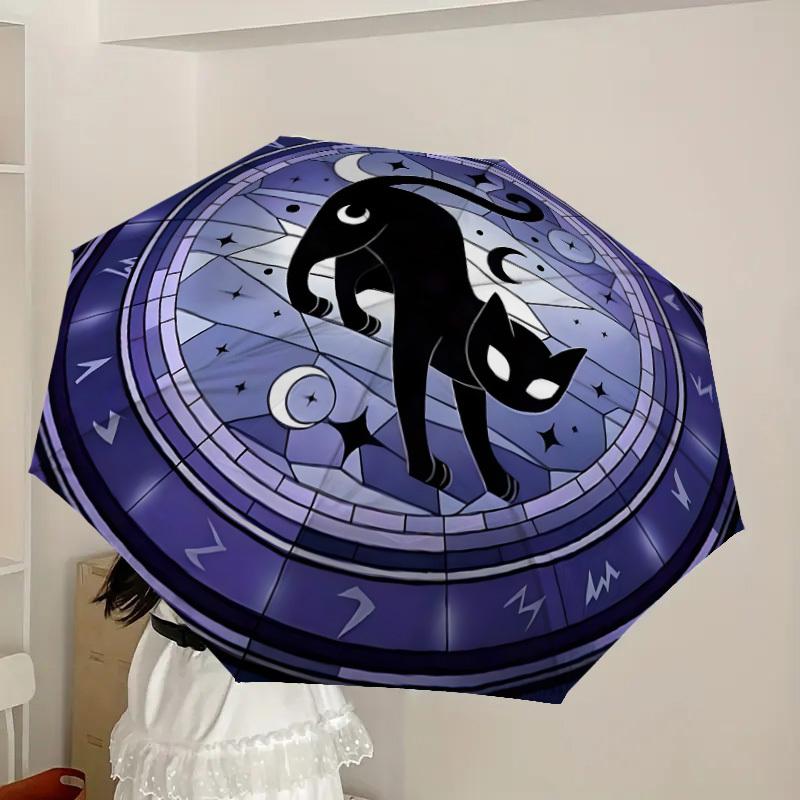 1pc Black Cat Stained Glass Window Umbrella with Plastic Handle,Suitable for All Seasons Home Travel Outdoor UmbrellaDD1317
