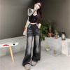 2025 Spring Women's High Street Black and Gray Wide-Leg Jeans - Loose, Slimming, Floor-Length.