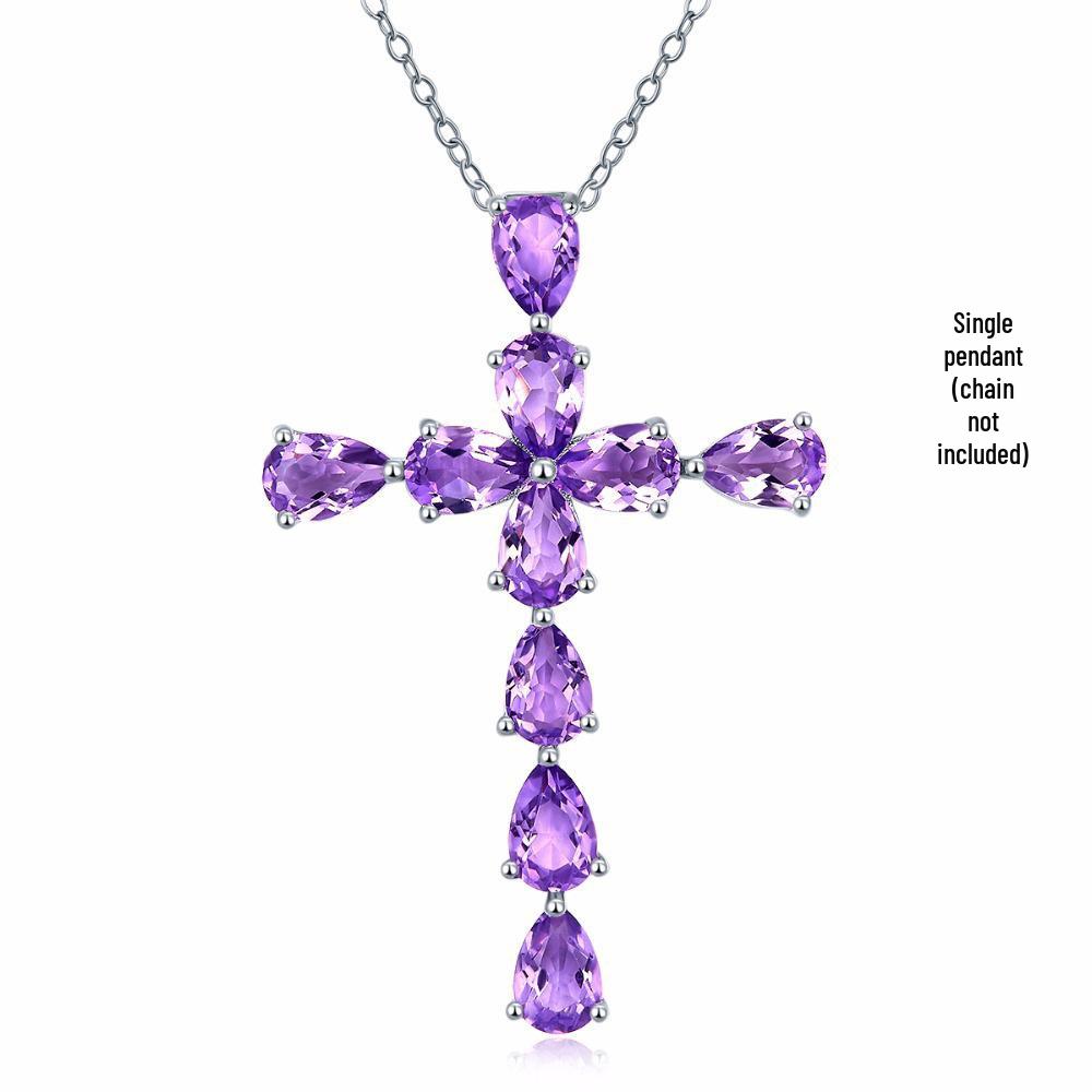 Amethyst Natural Gemstone Cross Pendant Necklace In 925 Silver Plated