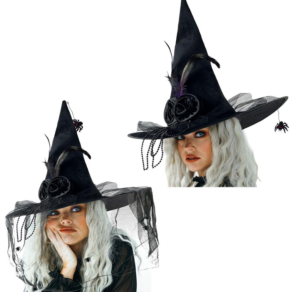 Black Spider Halloween Witch Hat With Black Veil Flower Feather Knit Pleated Wizard Hat Comfort Witch Costume Accessories