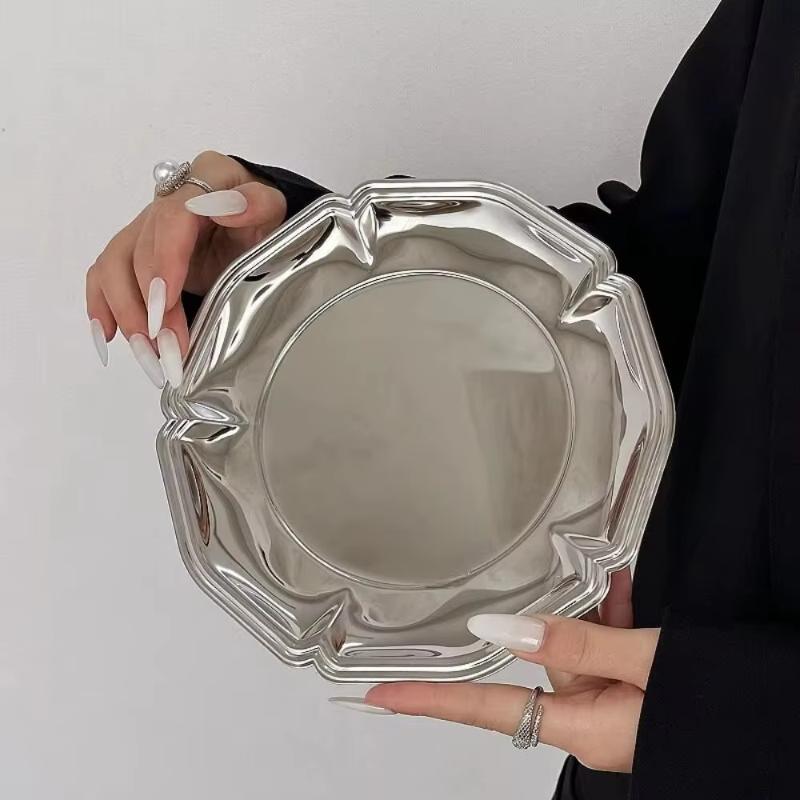 Silver Stainless Steel Cake Tray Round Mirror Surface Dessert Plate for Restaurant Buffet Food Display