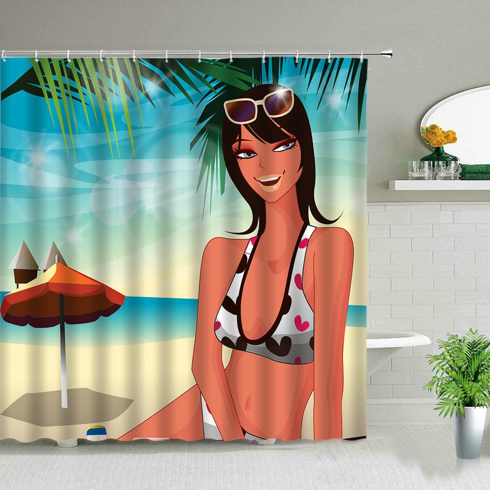 Sonnenlicht Strandmädchen Palme Surfbrett Landschaft Duschvorhänge Sexy Frau 3D-Druck Schicker Vorhang Badezimmerdekor Mit Haken