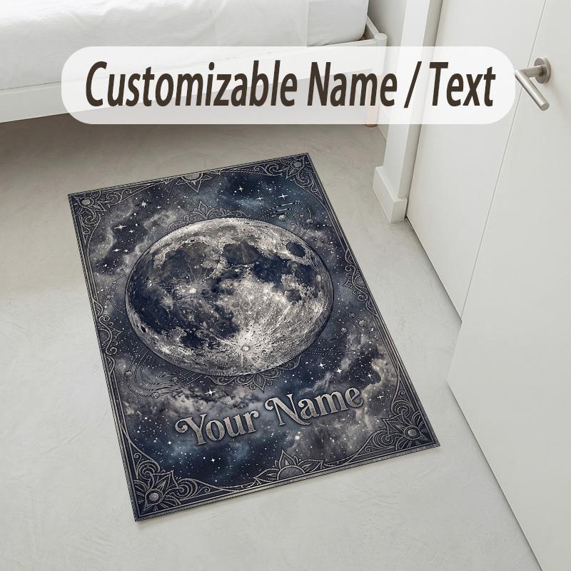 Moonlit Cat Theme Soft Crystal Velvet Rug Custom Name & Text Print Non Slip Floor Rug for Bedroom Living Room