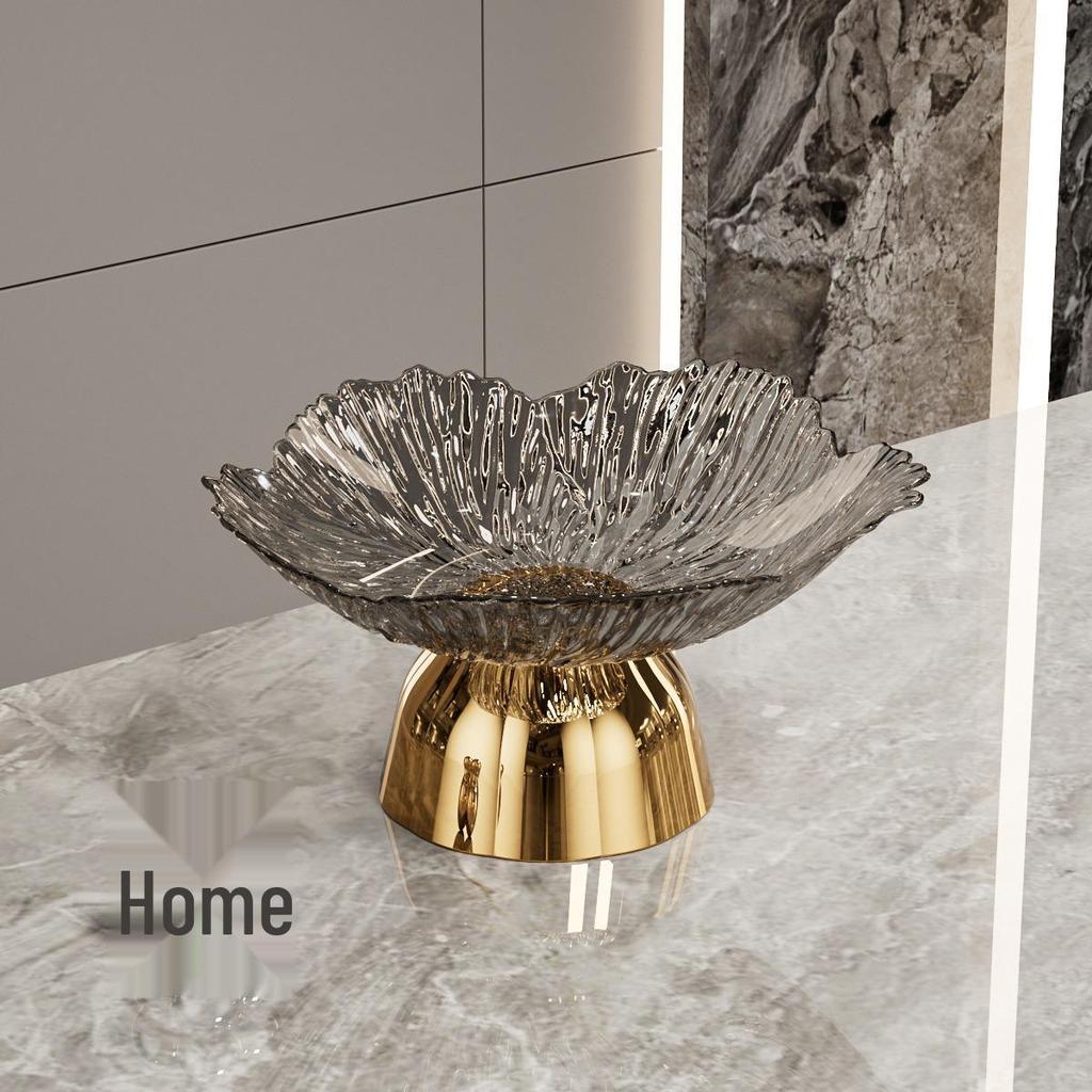 Transparente Obst- und Snack-Präsentationsplatte mit hohem Fuß: Modernes Licht-Luxus-Design für Wohnzimmer-Couchtische.