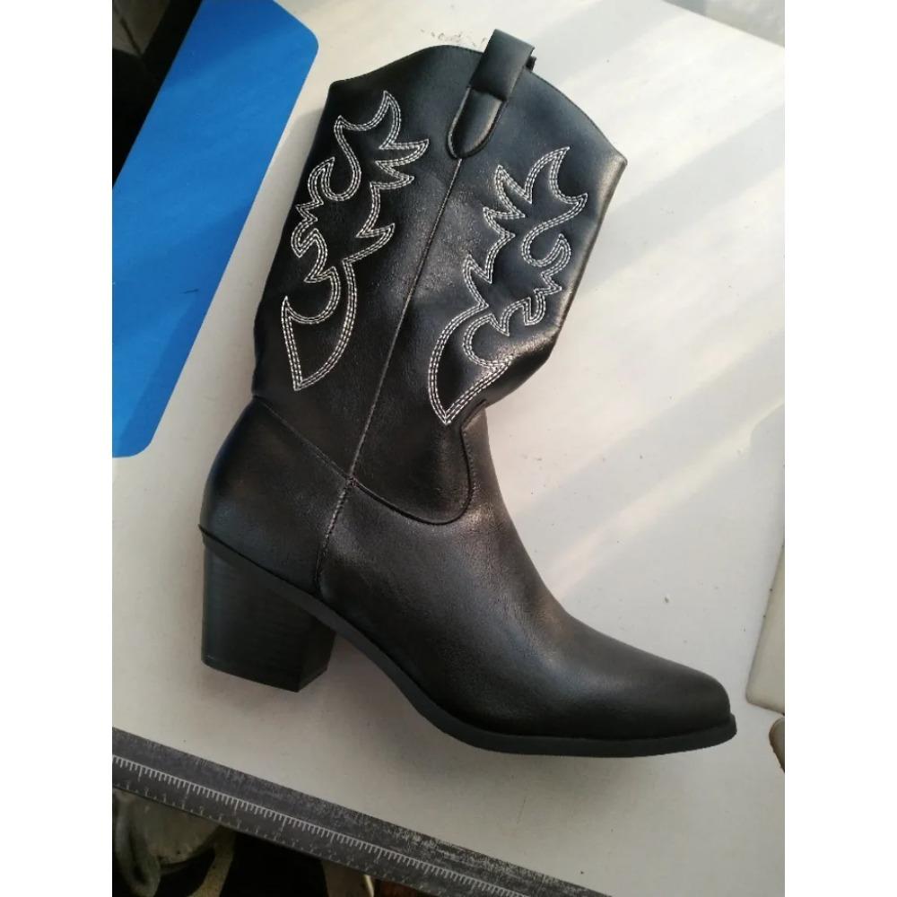 Retro Black Cowboy Boots for Women  New Upgraded High Quality Square Heels Zipper Knee High White Concert Western Boot Shoes
