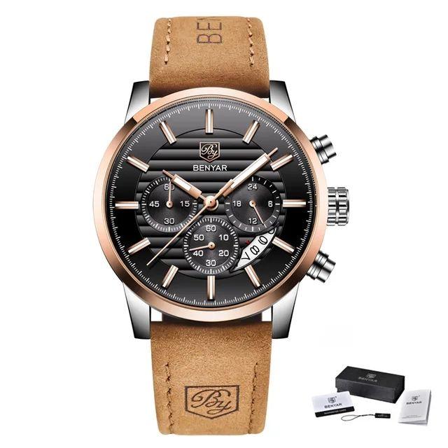 BENYAR 5104 Watch Men Top Fashion Brand Quartz Sport Leather Strap Watches Business Analog Leather Male Waterproof Clock Relojes