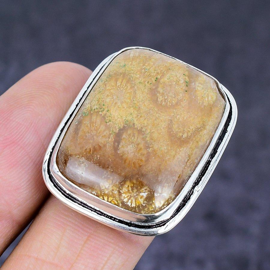 Fossil Coral Gemstone 925 Sterling Silver Jewelry Ring Size 8