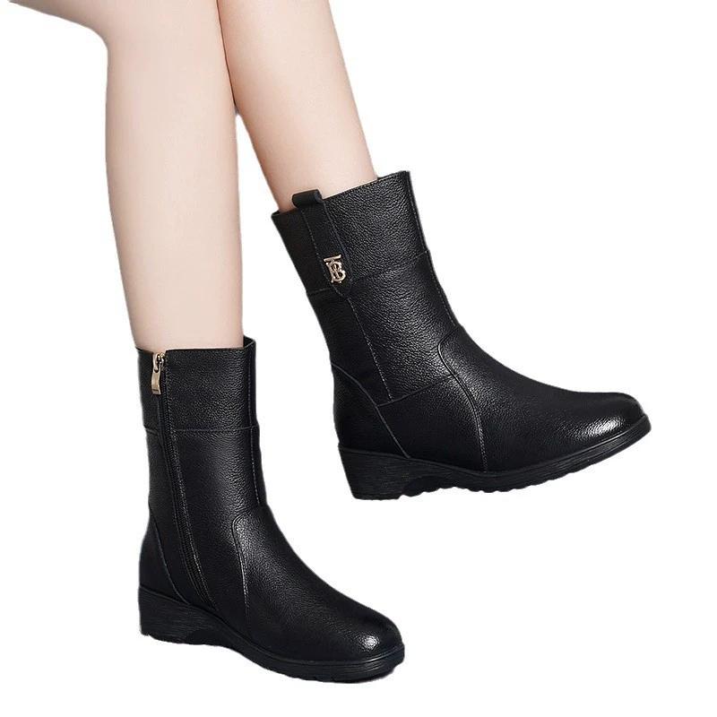Autumn and Winter New Women's Boots Winter Mother Shoes Cotton Fashion Medium Boots Foreign Trade Large Size Leather Boots