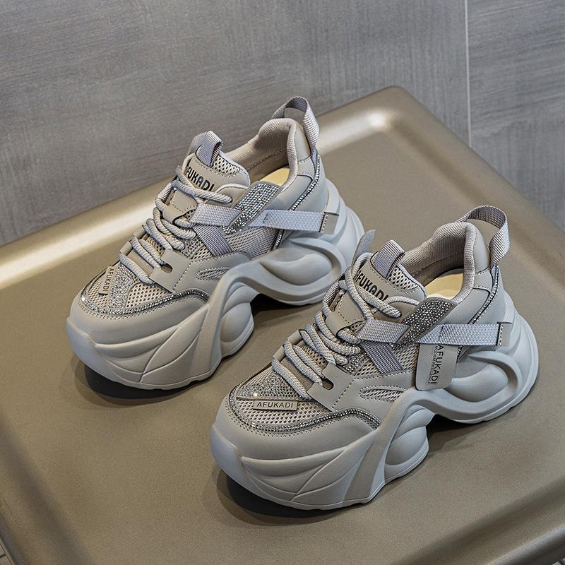 2025 summer new platform dad shoes women's rhinestone lace-up mesh shoes versatile heel high casual height increase and thin women's shoes
