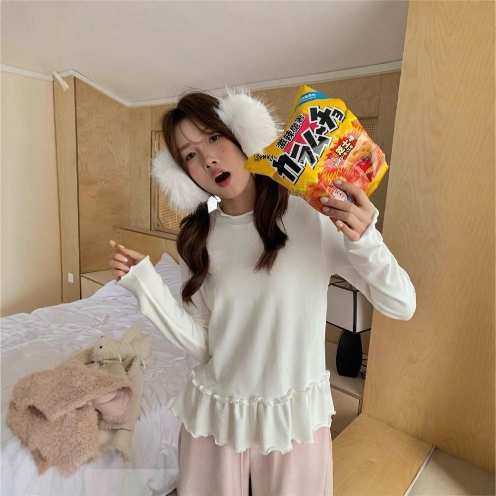 

Women s Autumn Winter Ruffle Patchwork Thermal Long Sleeve Casual Base Layer Top XL белый