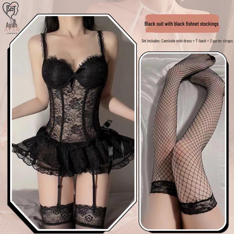 Seductive Lace Mesh See-Through Lingerie Bodysuit with Suspender Straps