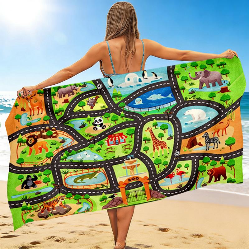 1Pc Animal Kingdom Map Beach Towel, Quick Dry, Multi-Use for Beach Pool Gym Yoga Home Travel, Christmas, Halloween, Xmas Gift M928206