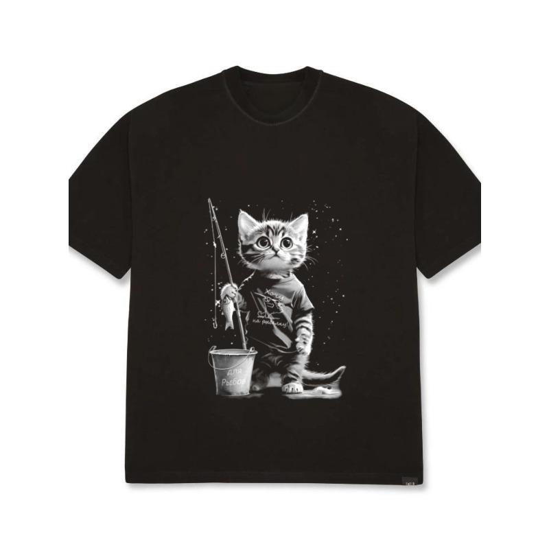 

Oversized T Shirt Black Cat Fishing With Bucket And Fish Graphic Print For Casual Streetwear Fashion XXXXL чёрный