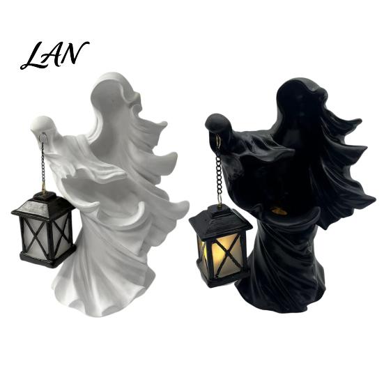Decorative Lighting for Weddings Halloween Ghost Messenger Resin Figurine, Witch Statue with Lantern, Waterproof Indoor Outdoor Thanksgiving Christmas