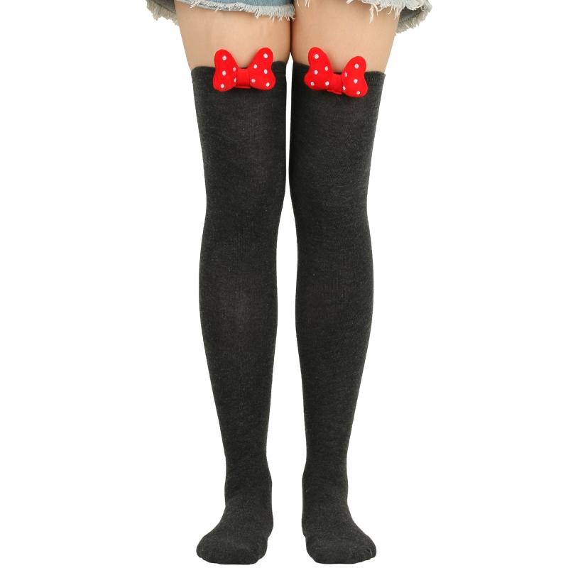 Calze lunghe da donna carine con fiocco 3D sopra il ginocchio, stampa a righe festive di Natale, calze alte sulla coscia con cartoni animati, calzetteria da festa